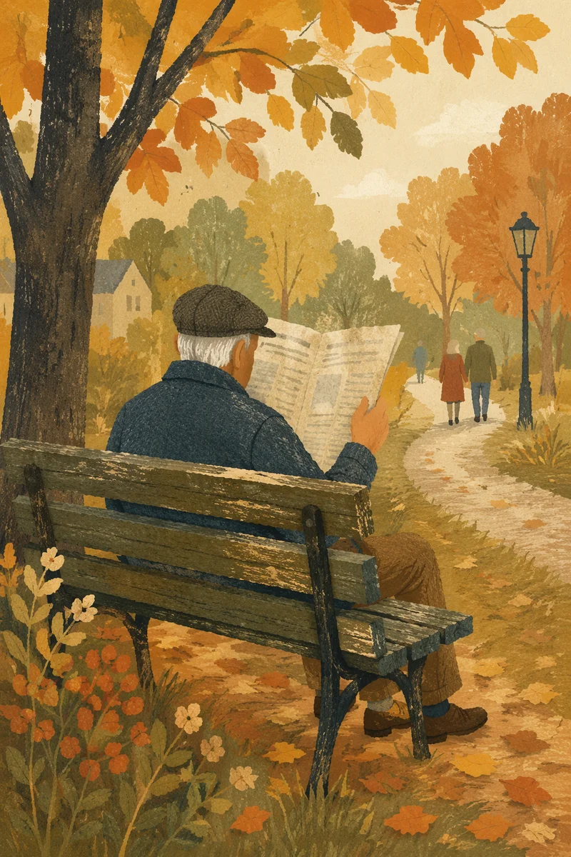Elderly Man Reading on Autumn Park Bench