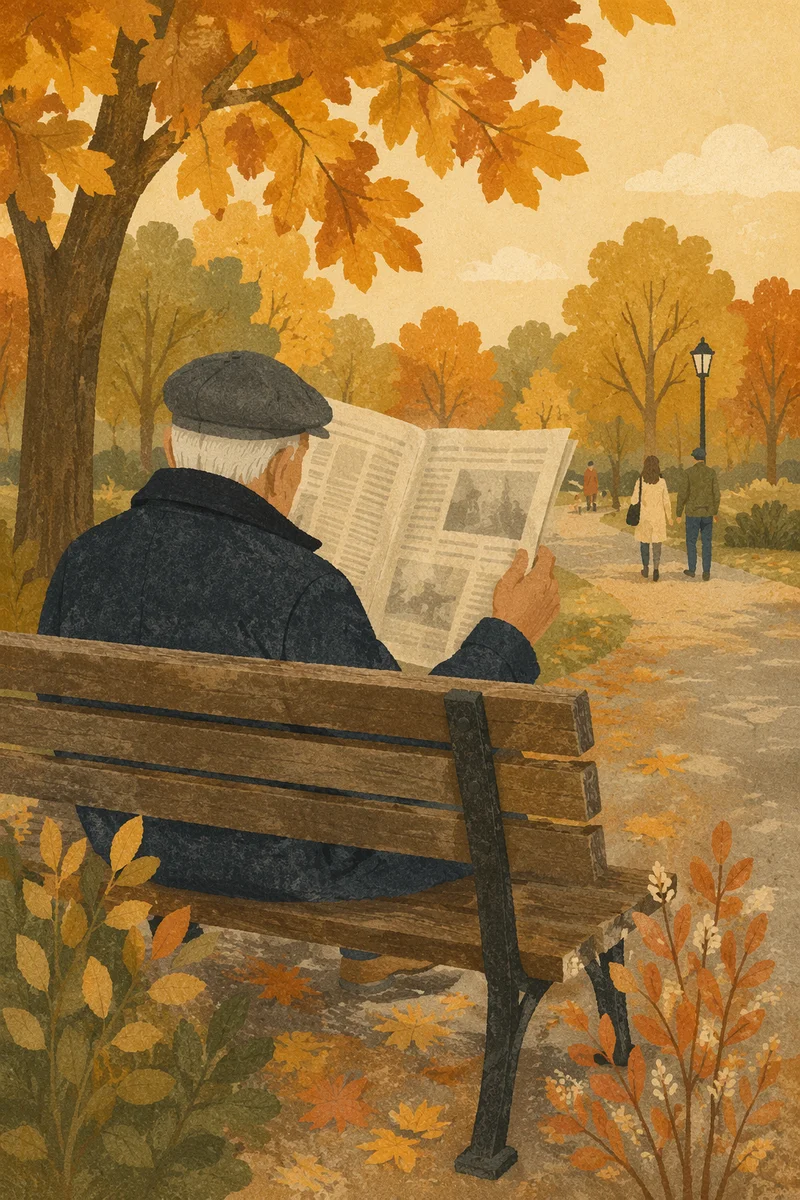 Elderly Man Reading on Autumn Park Bench
