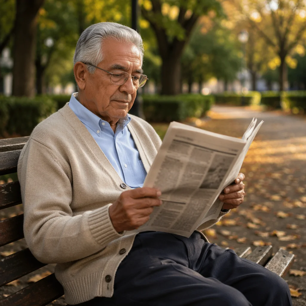 Elderly Man Reading Newspaper on Park Bench