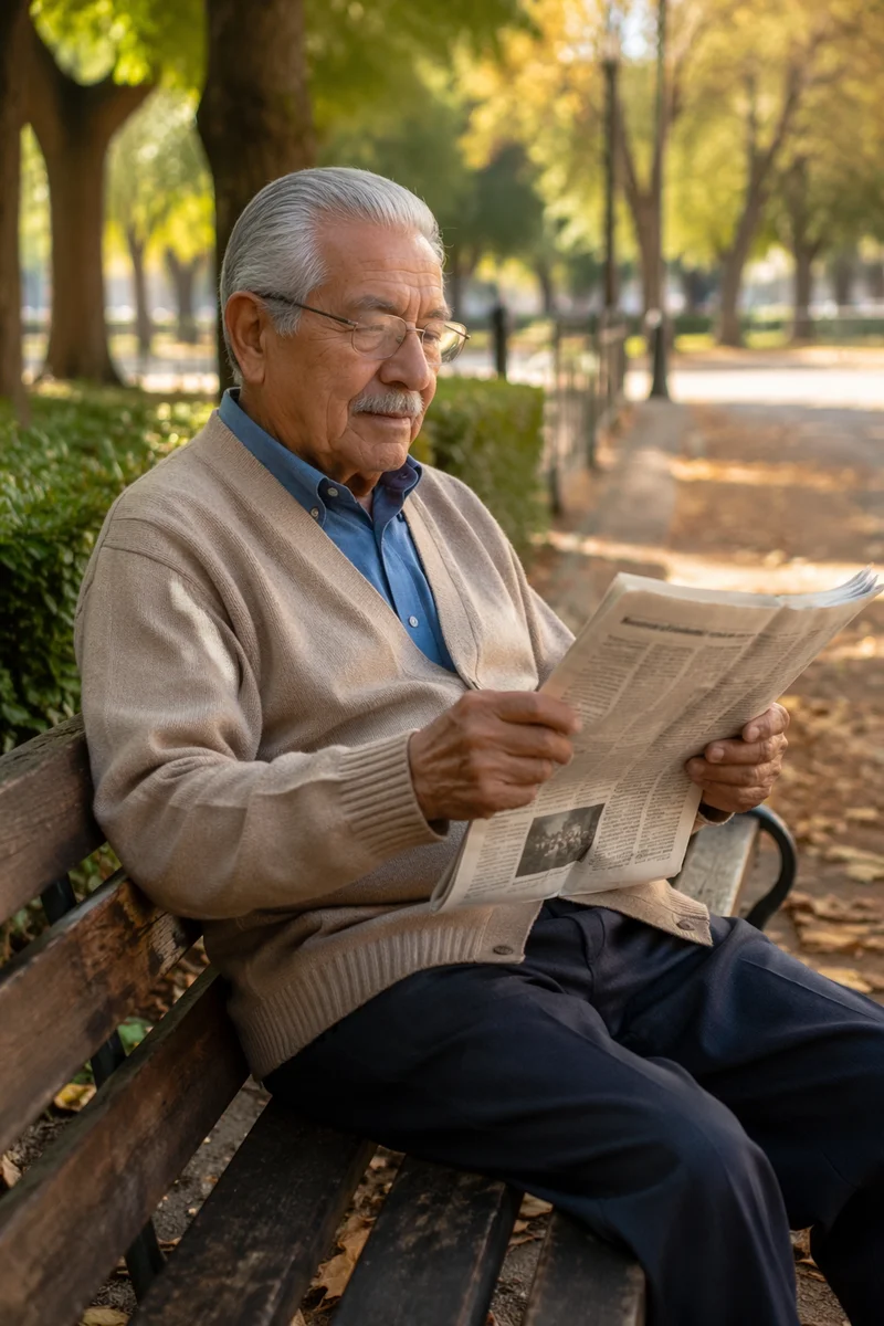 Elderly Man Reading Newspaper on Park Bench