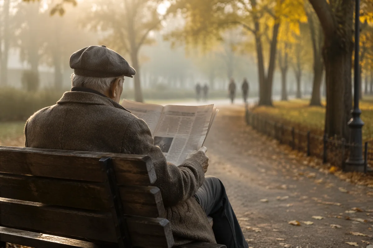 Elderly Man Reading Newspaper in Autumn Park