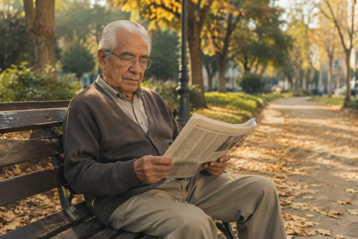 Elderly Man Reading on Park Bench