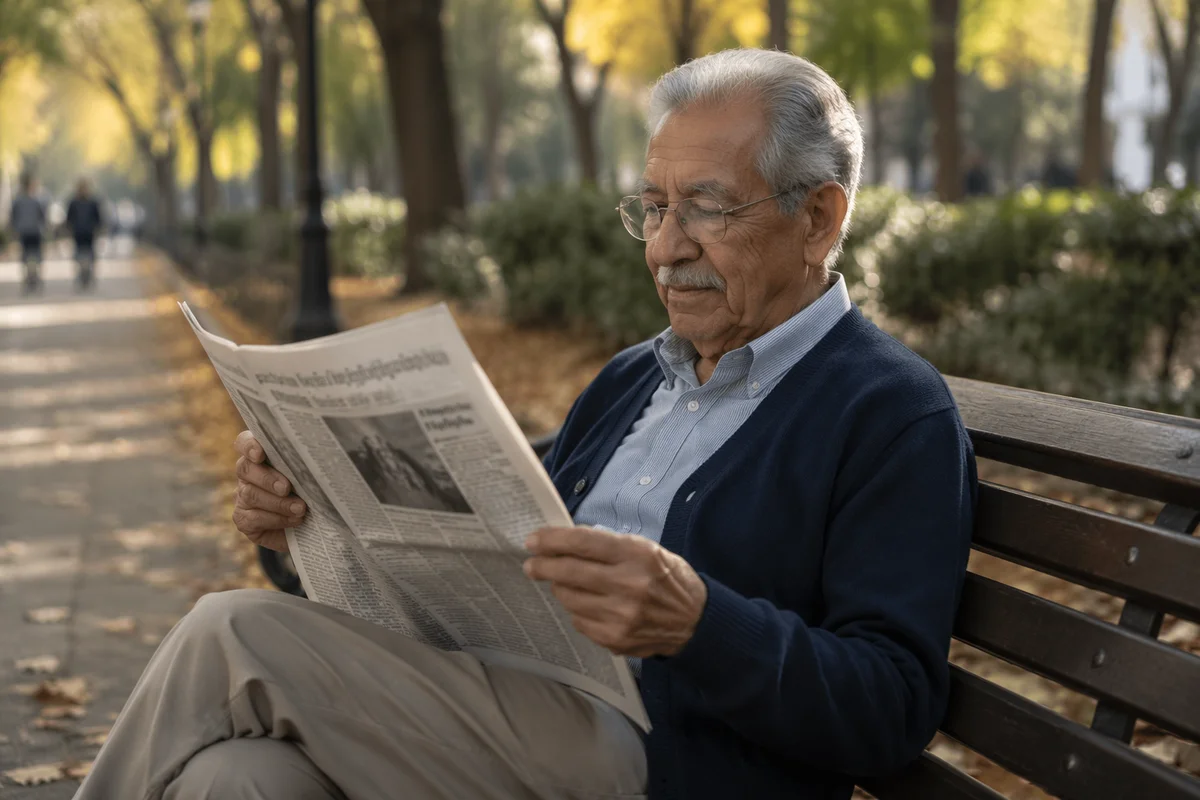 Elderly Man Reading Newspaper on Park Bench