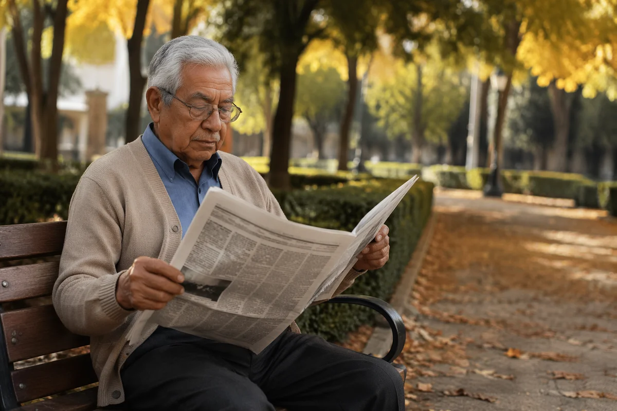 Elderly Man Reading Newspaper on Park Bench