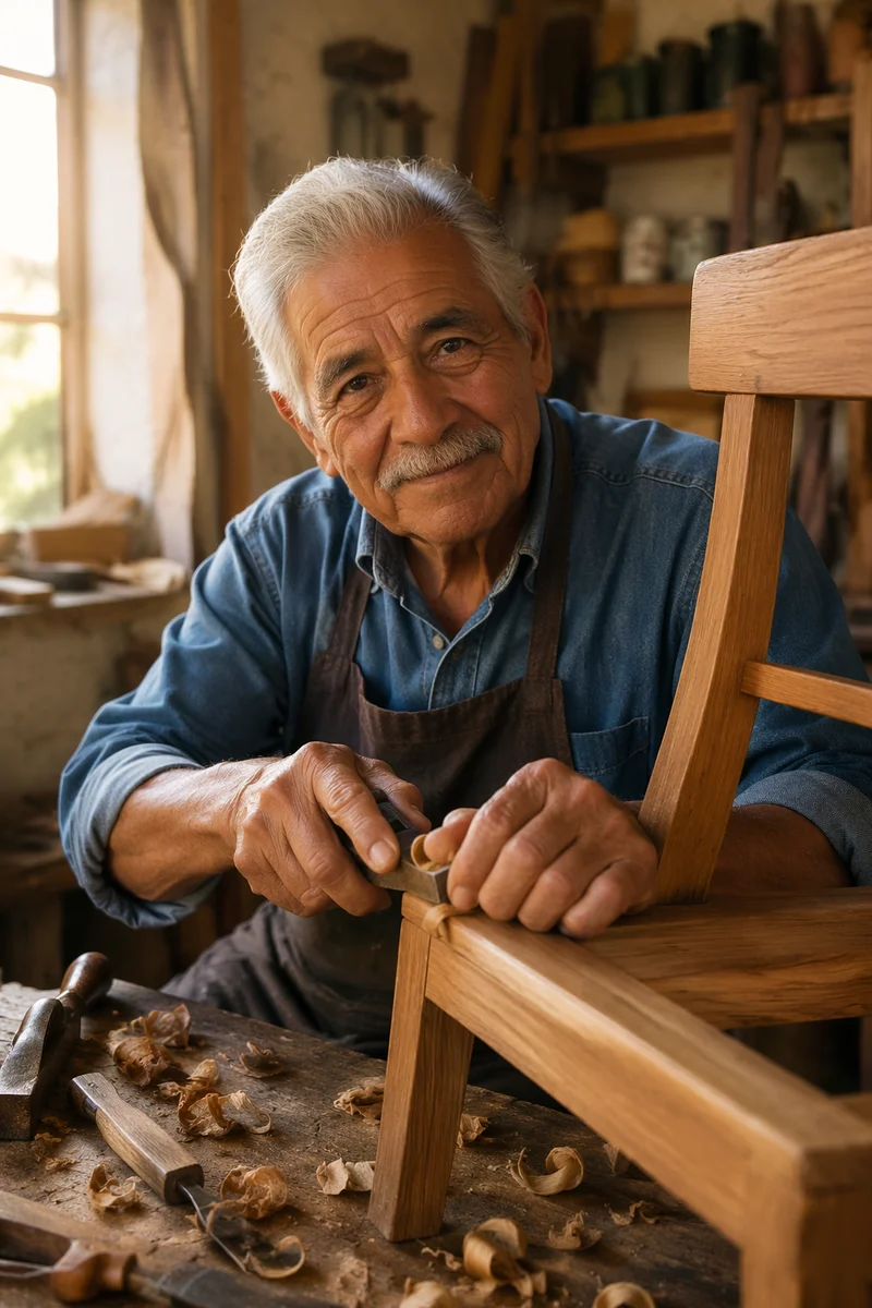 Elderly Woodworker Shaping Chair in Sunlit Studio