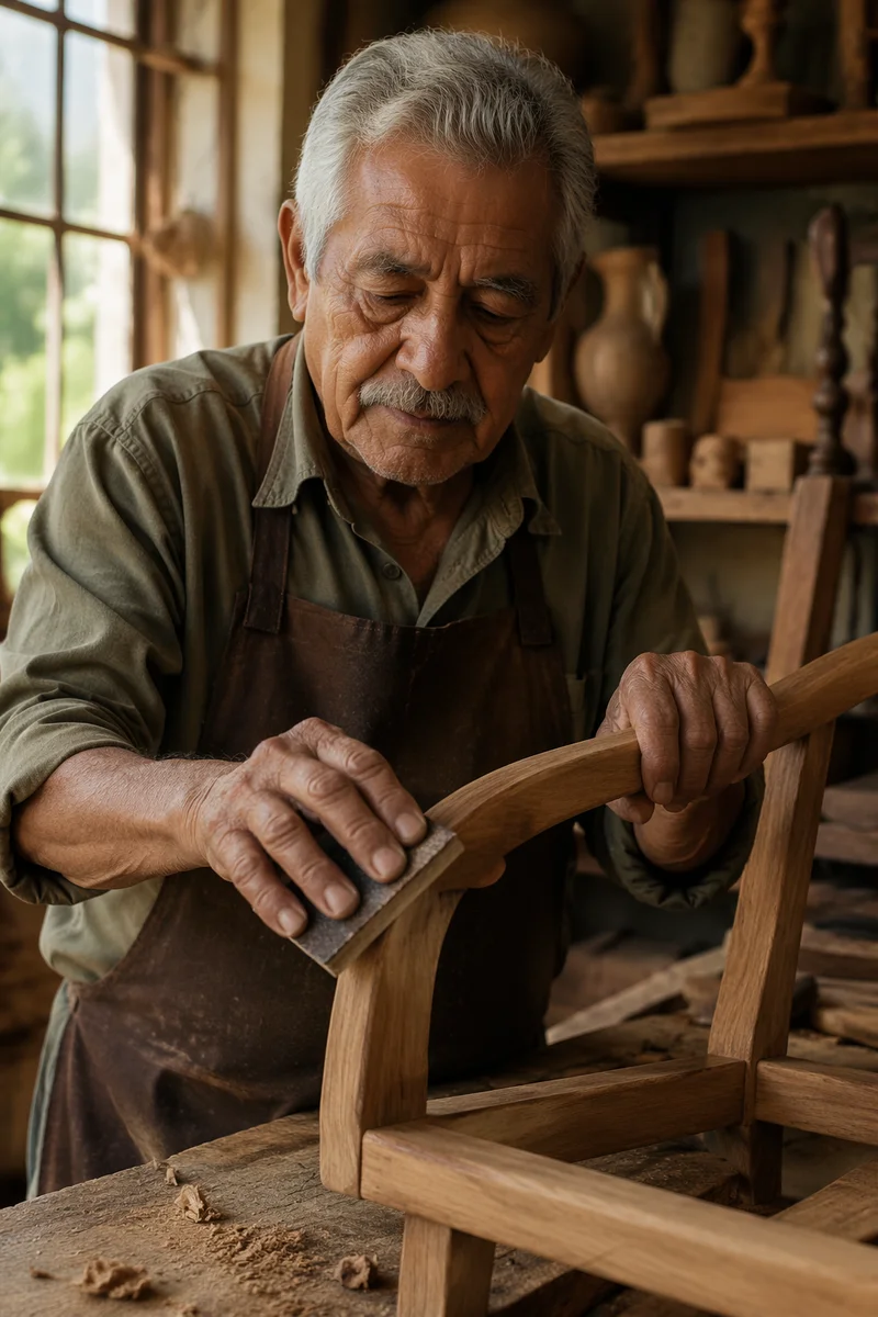 Elderly Woodworker Smoothing Handmade Chair Arm