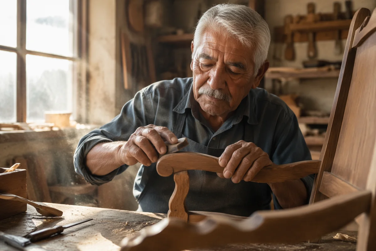 Elderly Woodworker Smoothing Carved Chair Arm