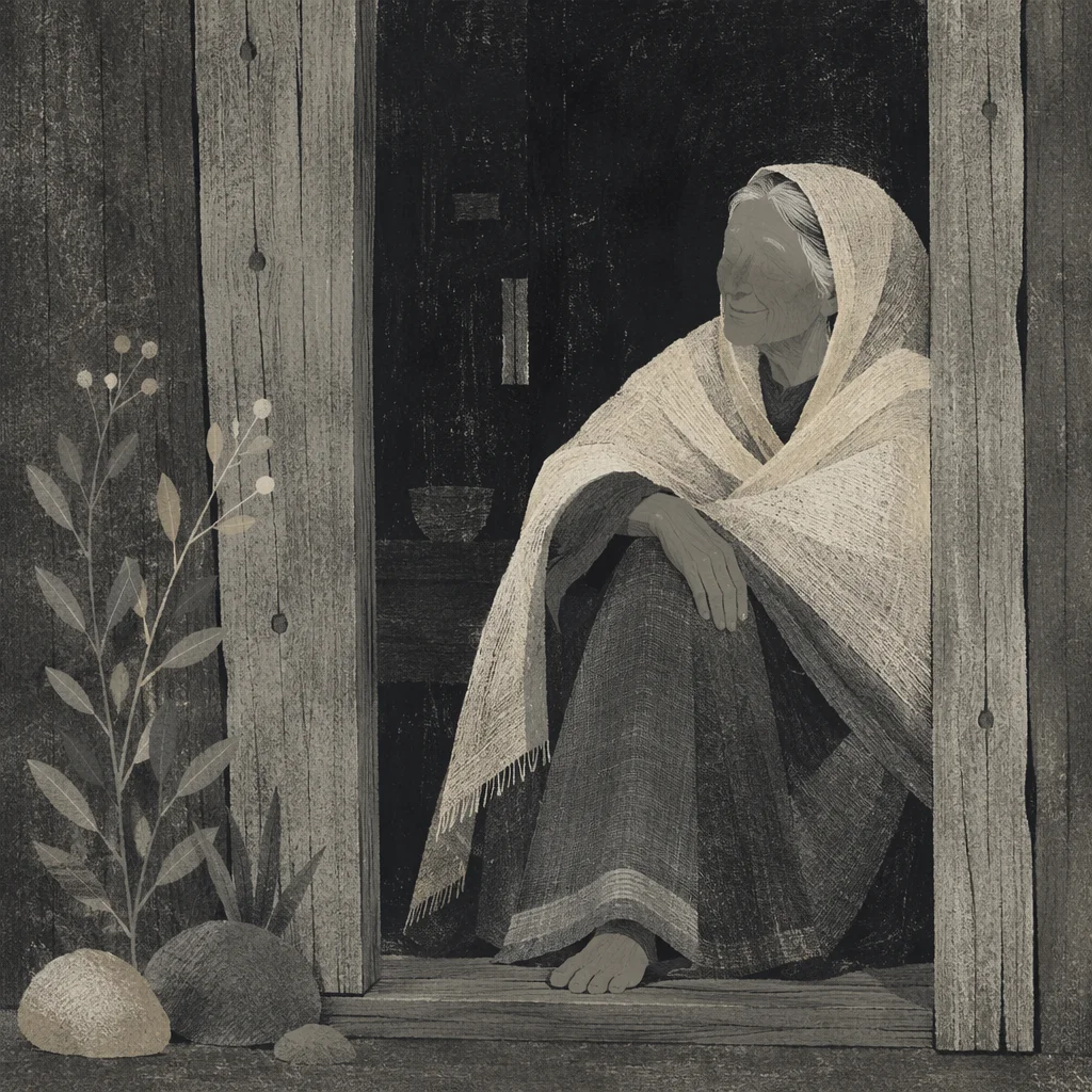 Gentle Elder Portrait in Rustic Doorway