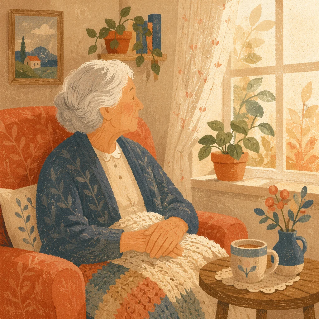 Gentle Elderly Portrait in Sunlit Living Room