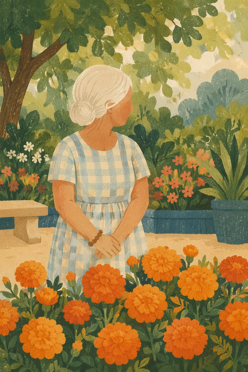 Gentle Elderly Woman Among Orange Marigolds