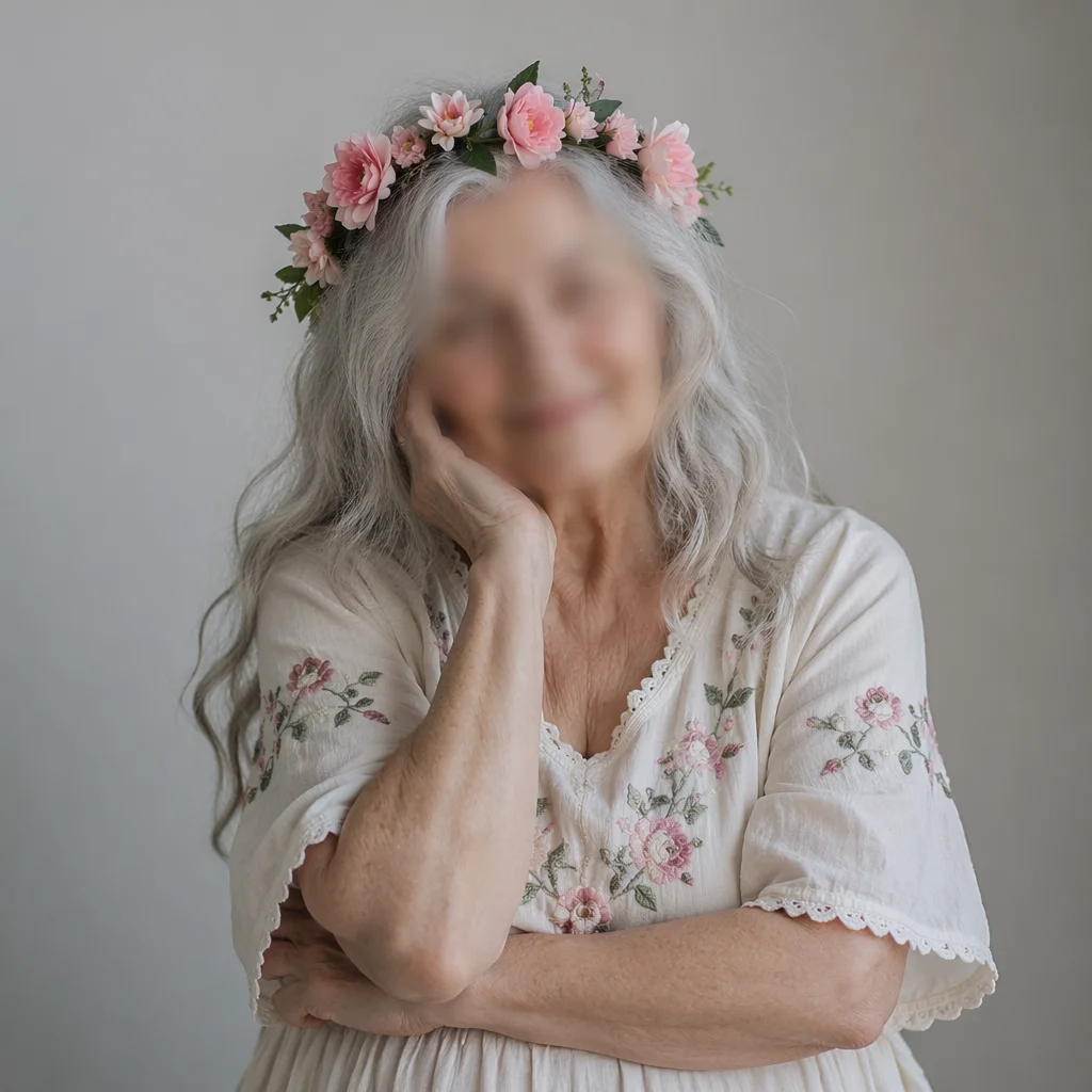 Gentle Elderly Woman Portrait with Flower Crown