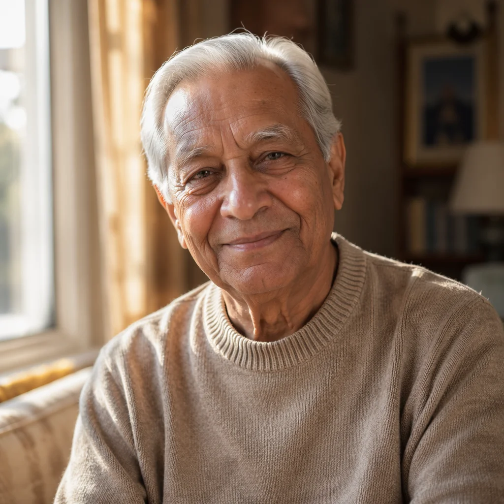 Elderly South Asian Man by Sunlit Window