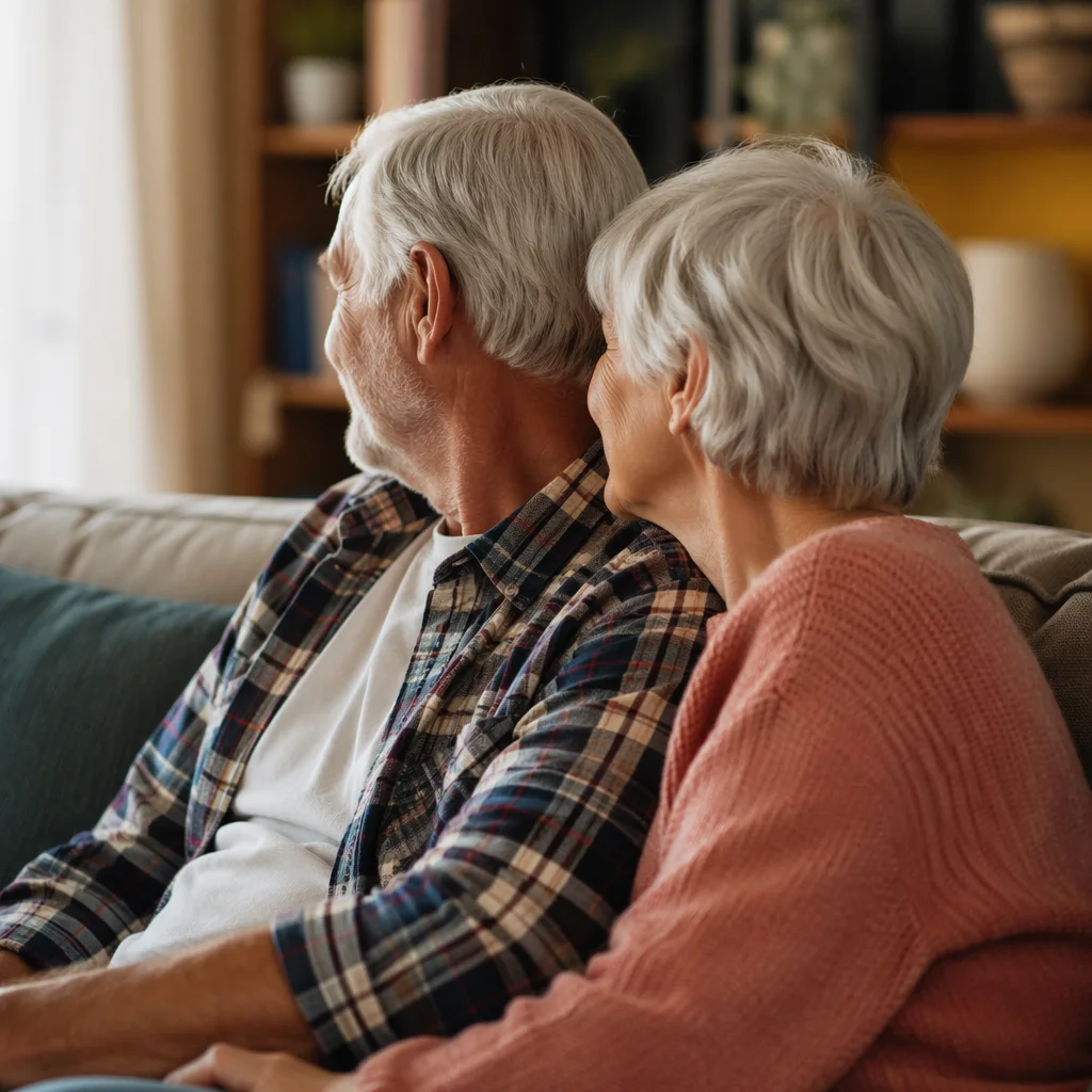 Tender Elderly Couple in Cozy Living Room