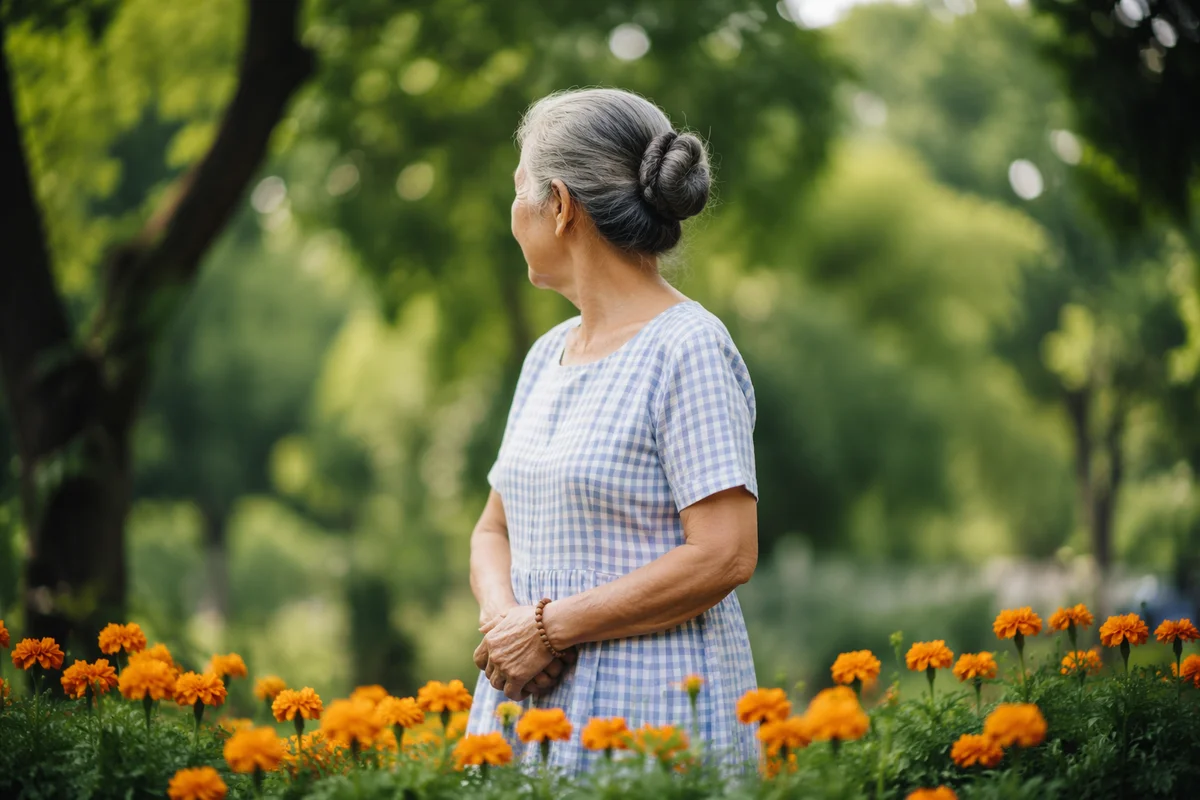 Elderly Woman Among Marigolds in Garden