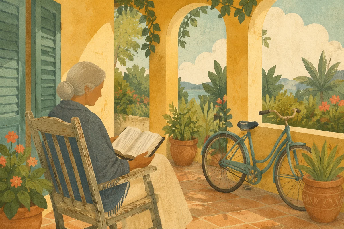 Peaceful Elderly Woman Reading Bible on Veranda