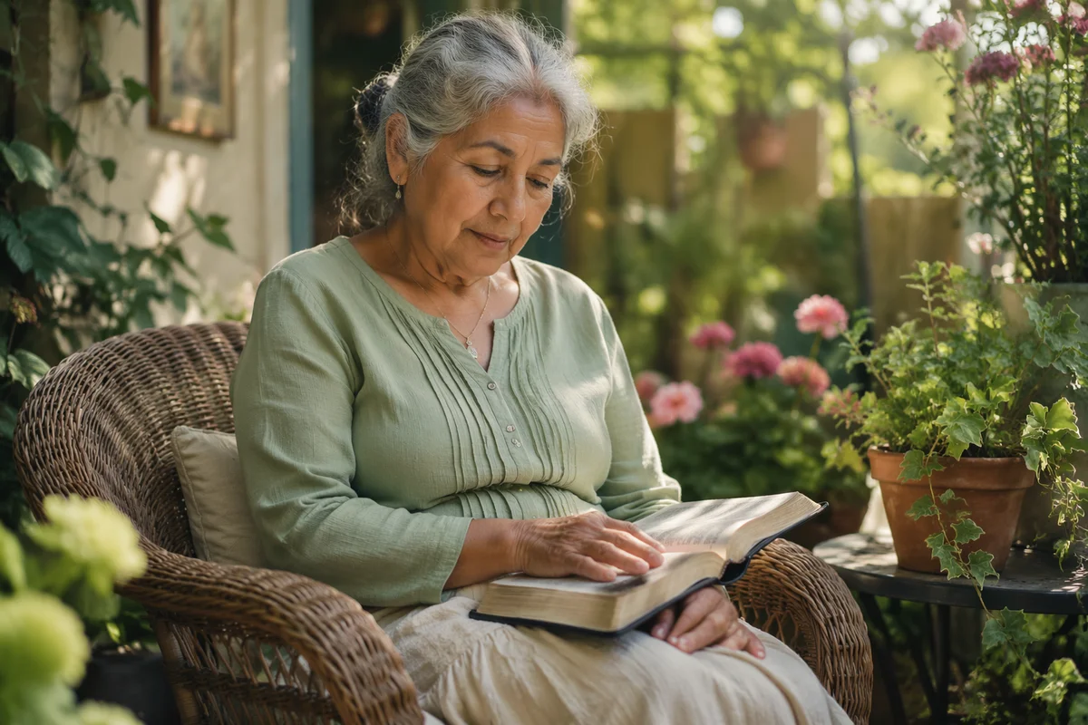 Elderly Woman Reading on Garden Patio