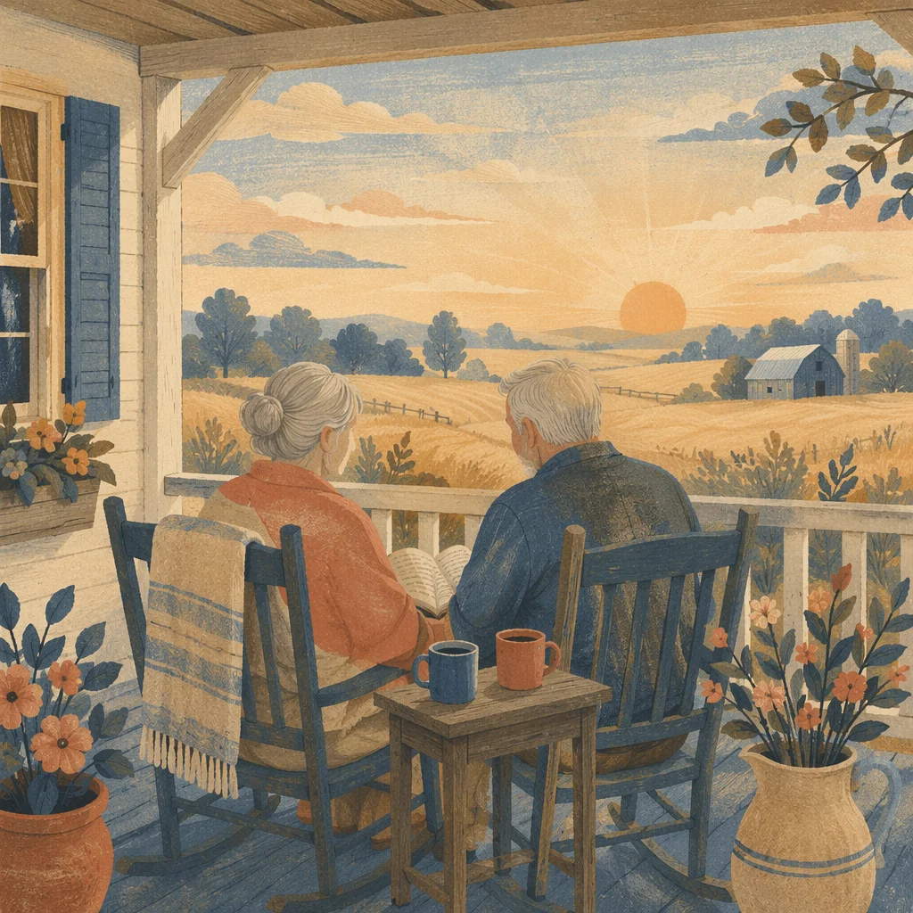 Older Couple on Farmhouse Porch Sunrise