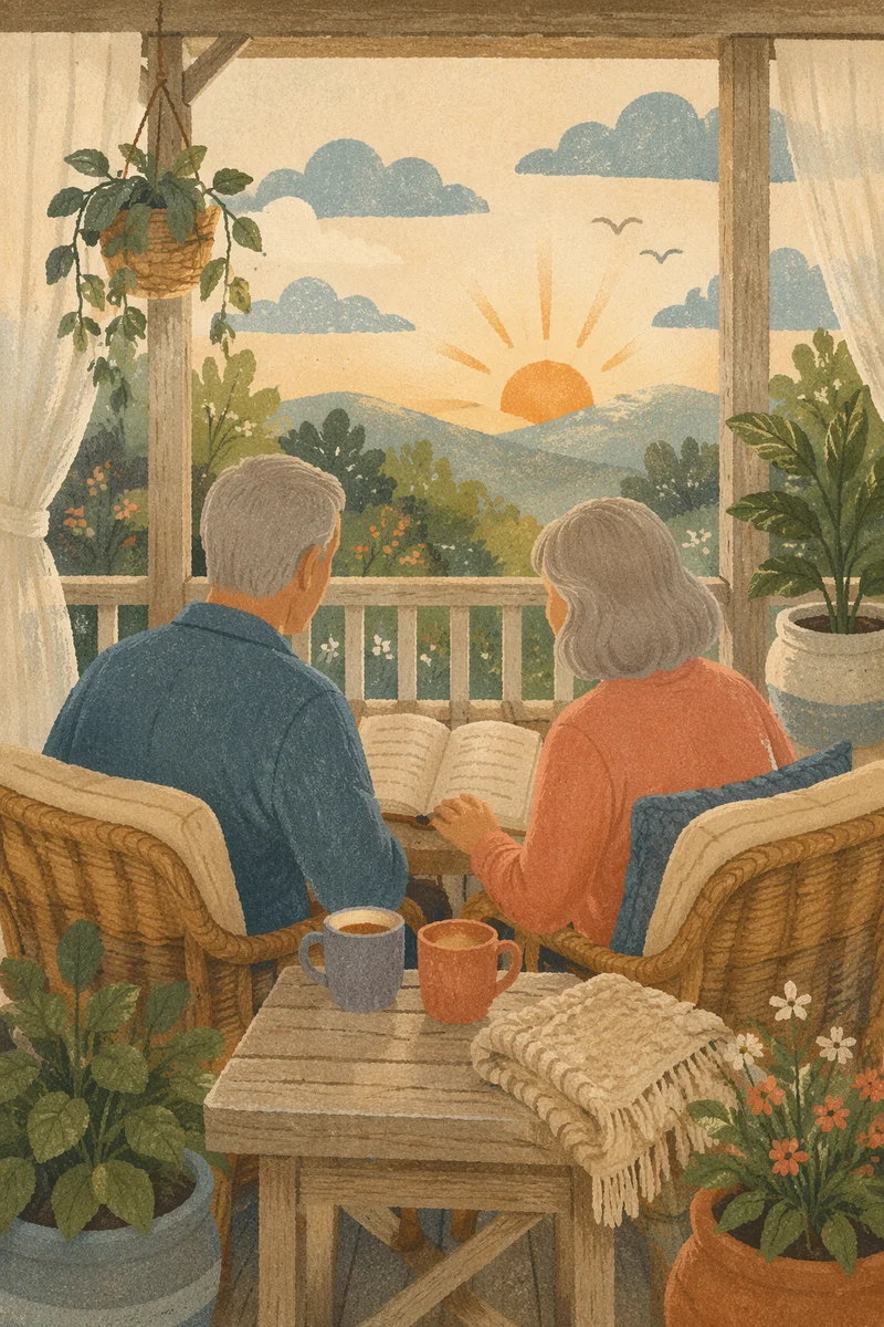 Couple Reading Together on Sunrise Porch