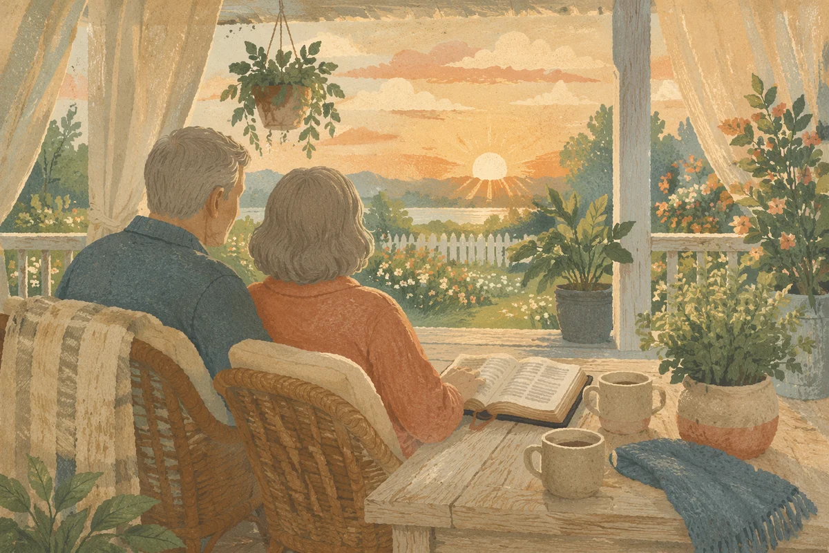 Couple Reading Together on Sunrise Porch
