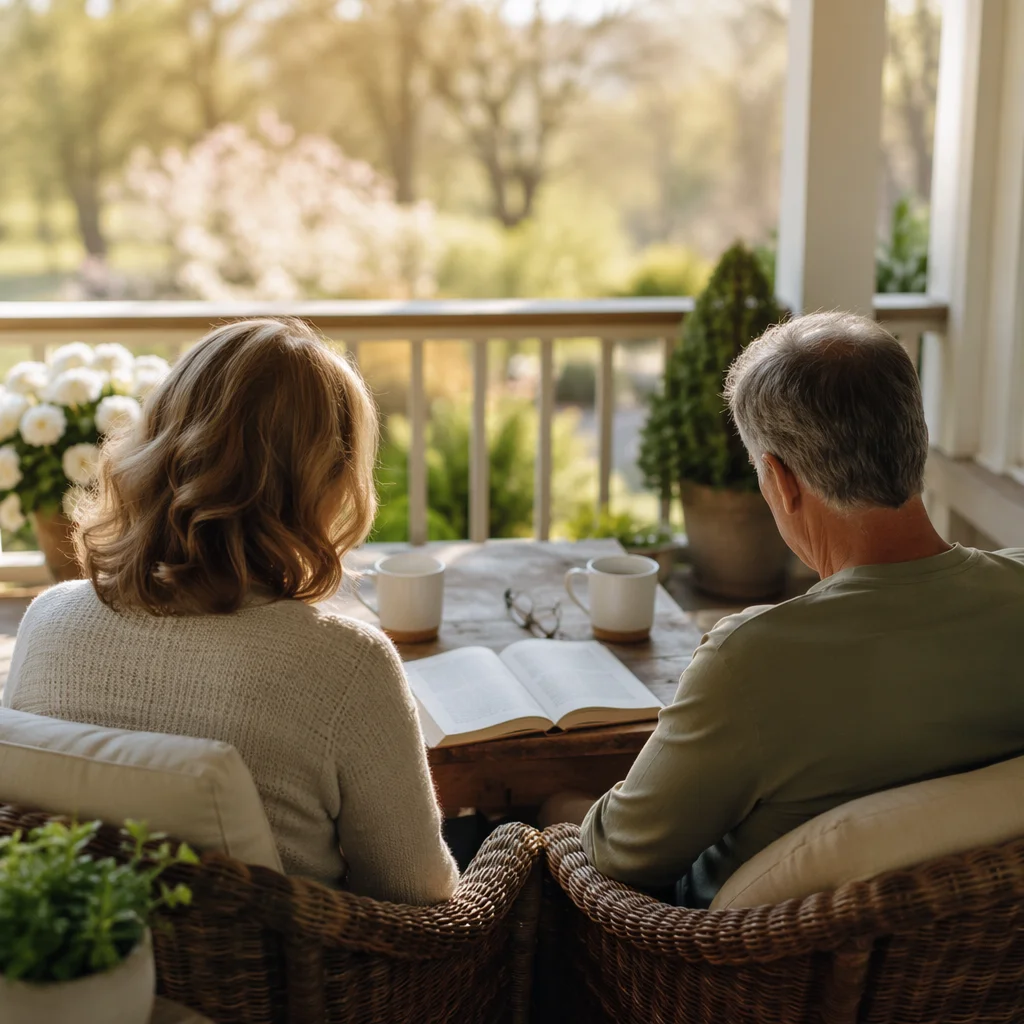 Couple Reading Together on Sunny Porch