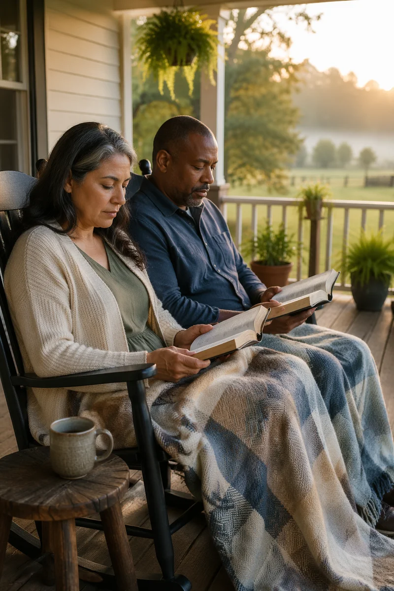 Couple Reading Together on Sunrise Porch