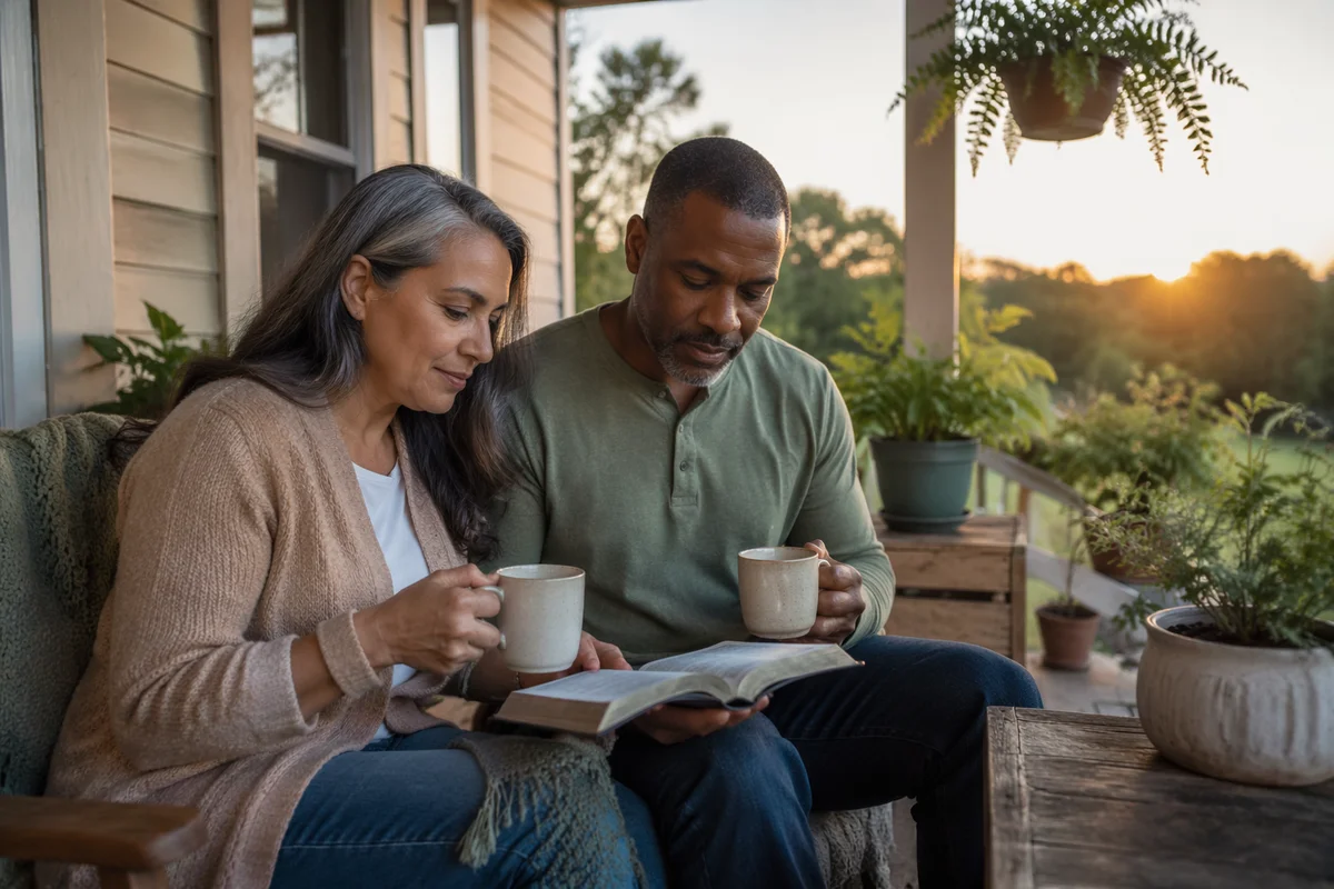 Couple Reading Together on Morning Porch