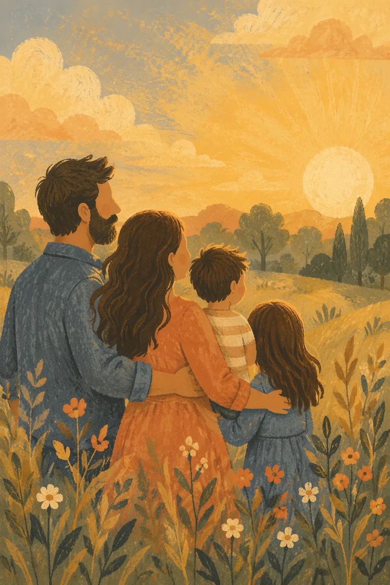 Smiling Family Portrait in Golden Meadow