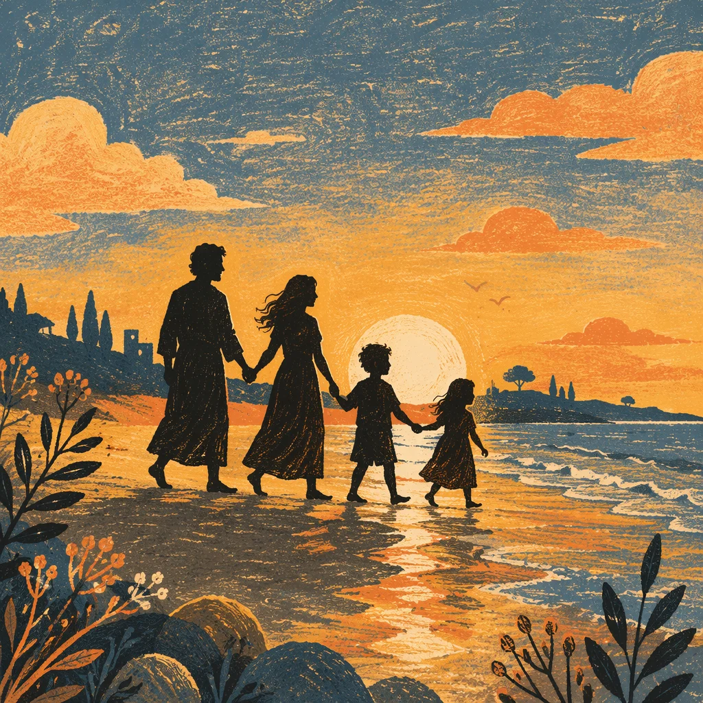 Family Walking on Beach at Sunset