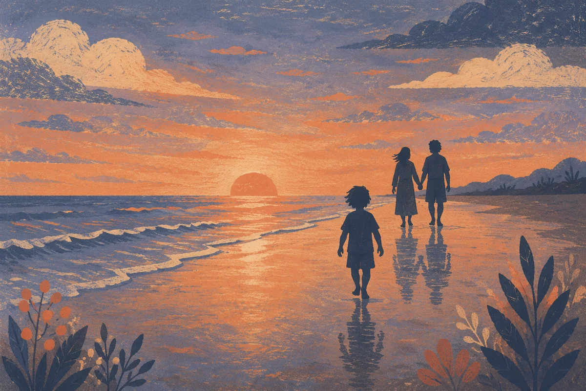 Family Silhouettes Walking on Sunset Beach