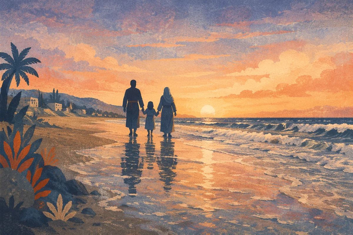 Family Silhouettes Walking on Sunset Beach