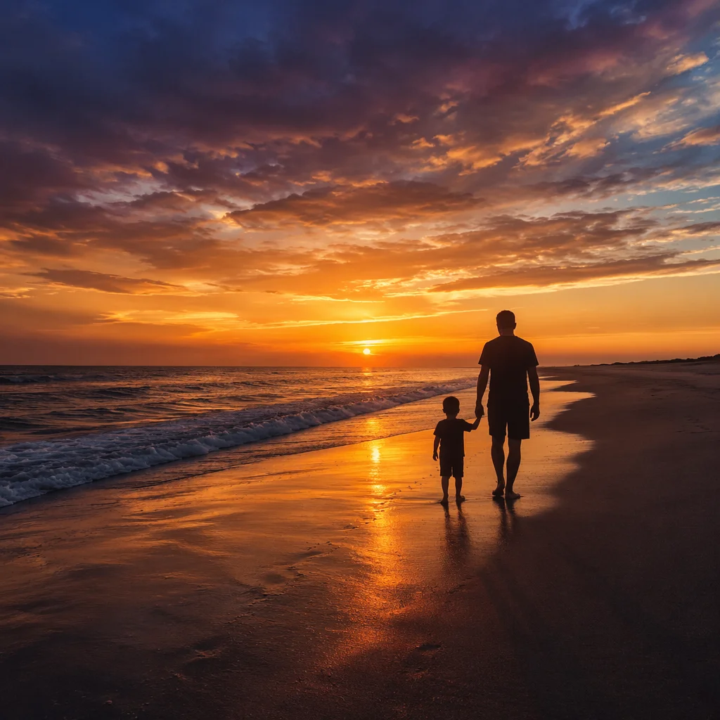 Family Silhouettes Walking on Beach at Sunset
