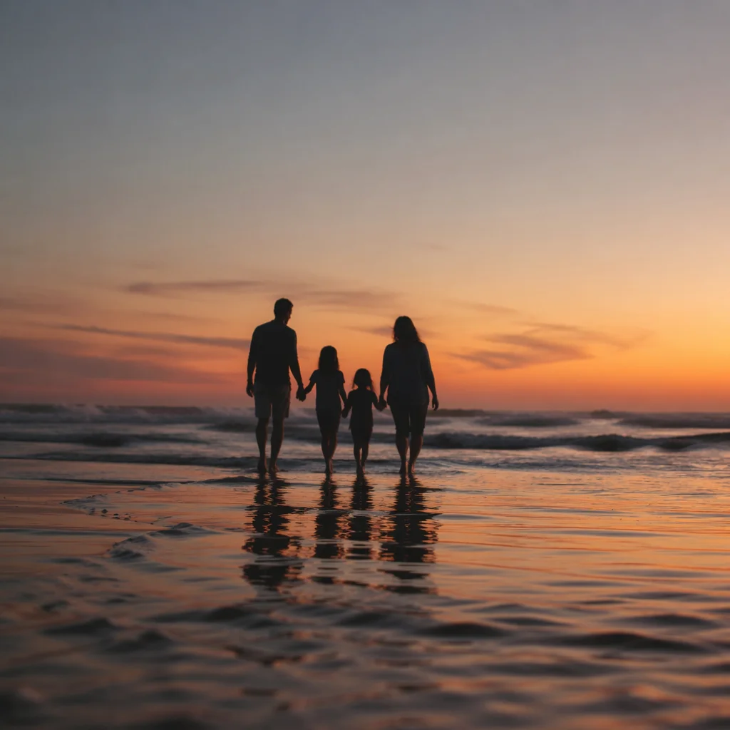Family Silhouettes Walking on Beach at Sunset