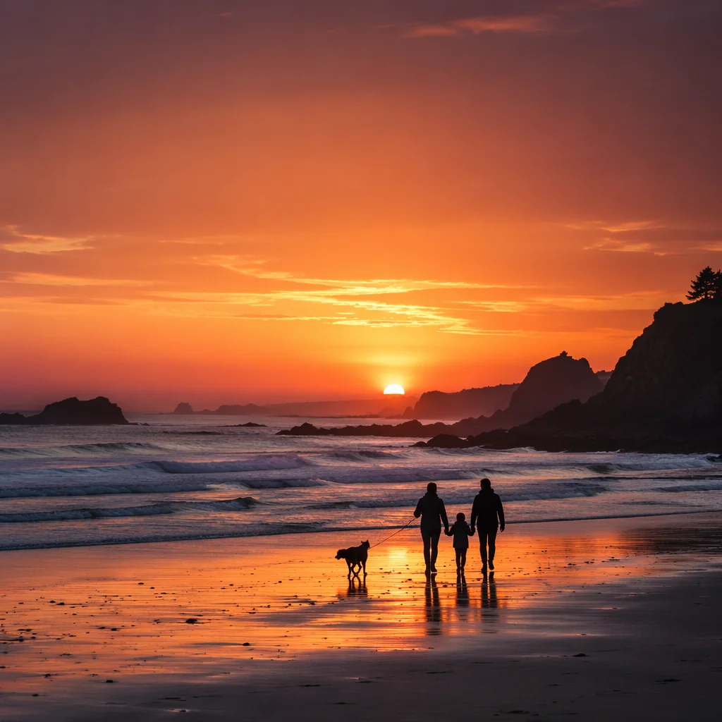Family Silhouettes Walking Beach at Sunset