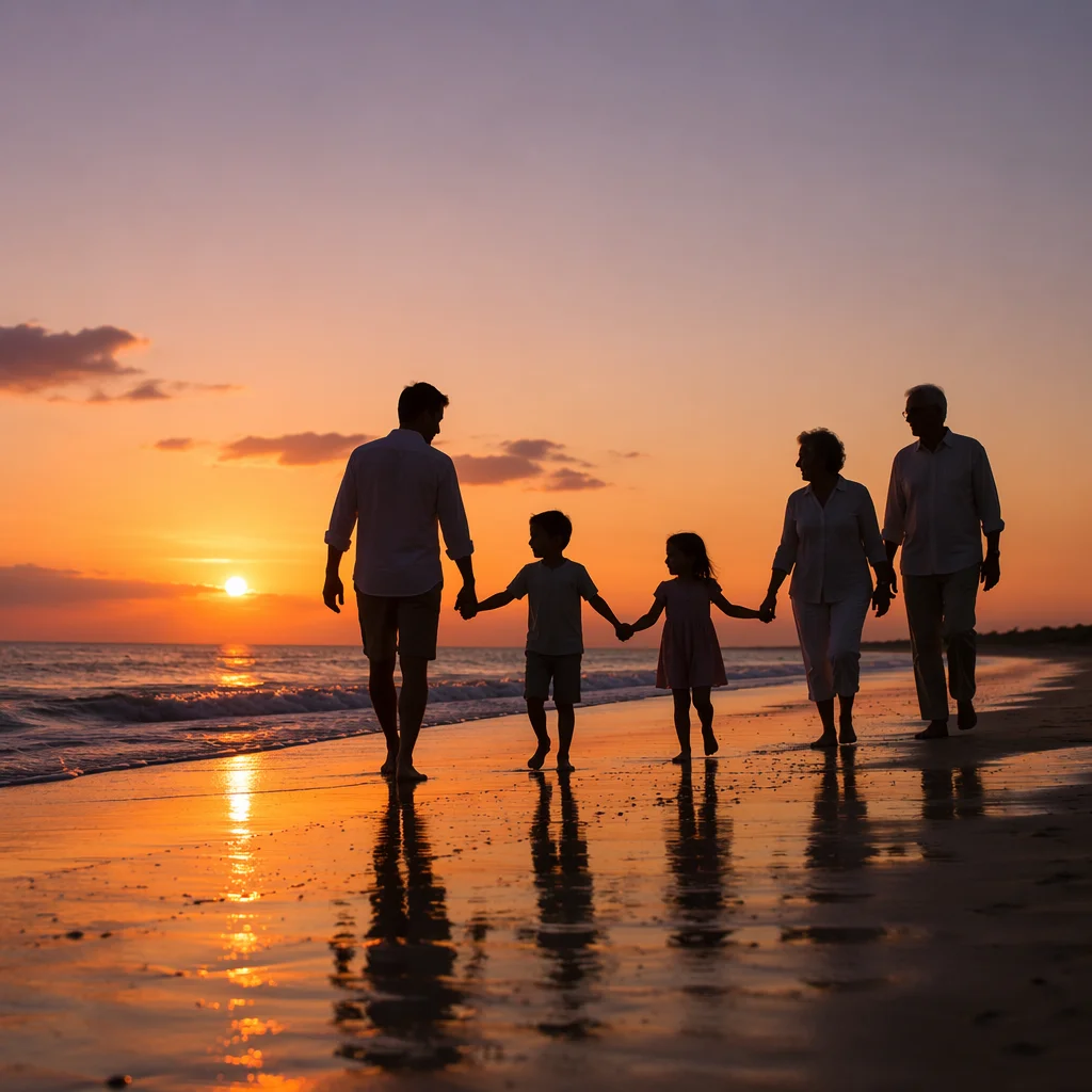 Family Silhouettes Walking on Beach at Sunset
