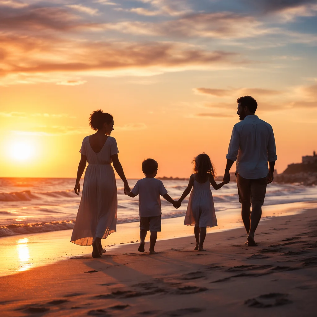 Family Silhouettes Walking on Sunset Beach