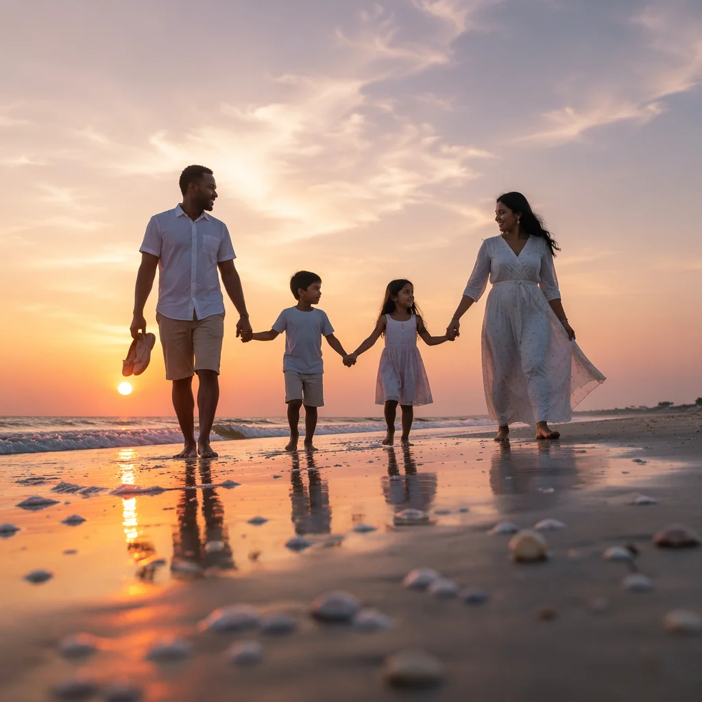Family Silhouettes Walking on Beach at Sunset