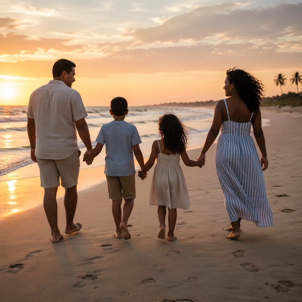 Family Walking on Beach at Sunset