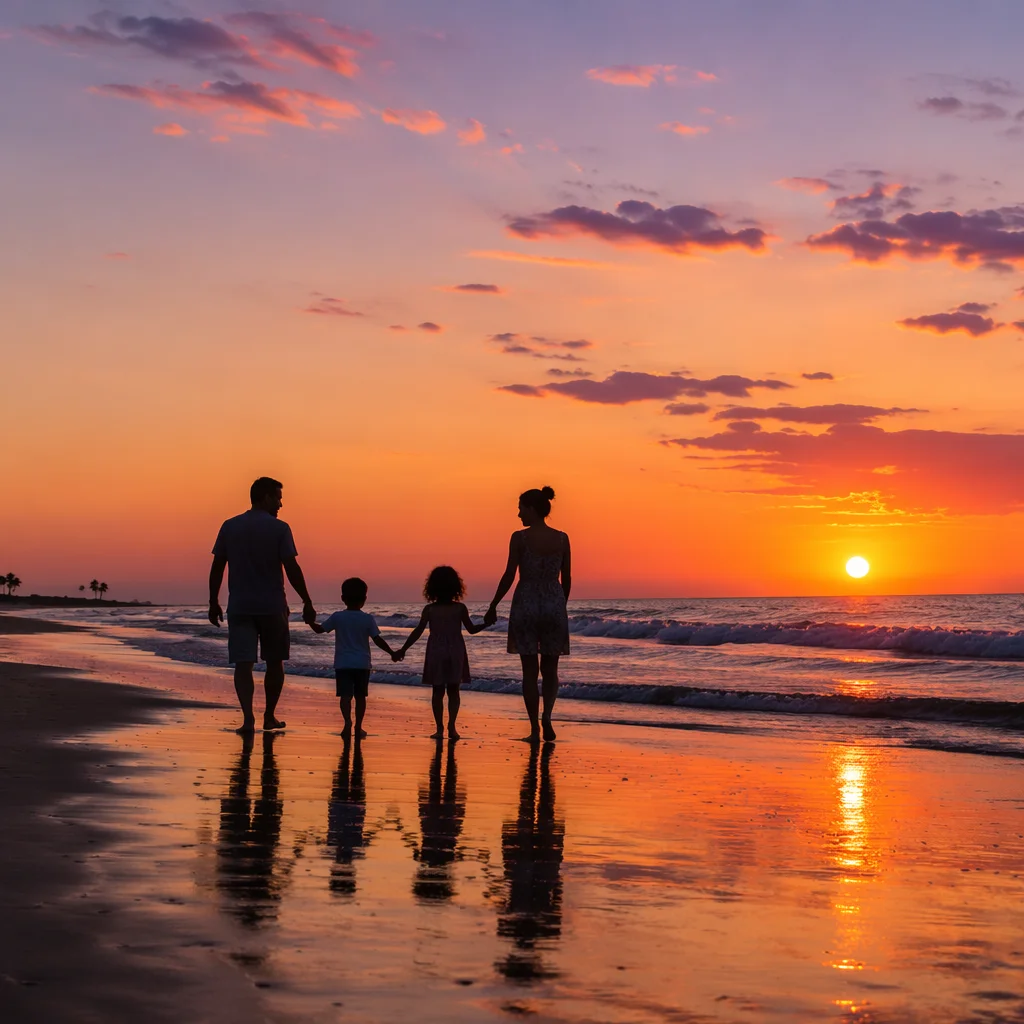 Family Silhouettes Walking on Beach at Sunset