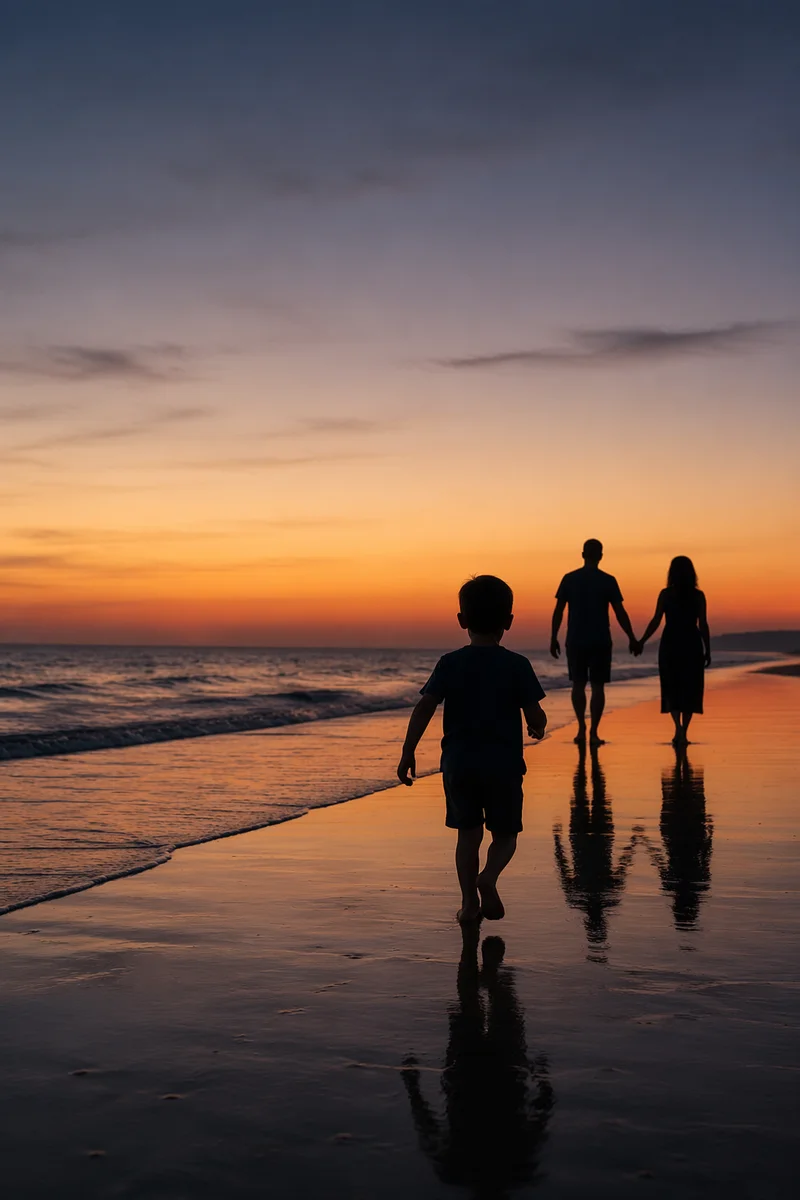 Family Silhouettes Walking on Sunset Beach