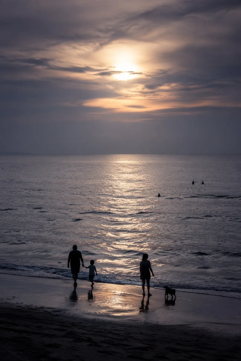 Family Walking Beach at Sunset Silhouette