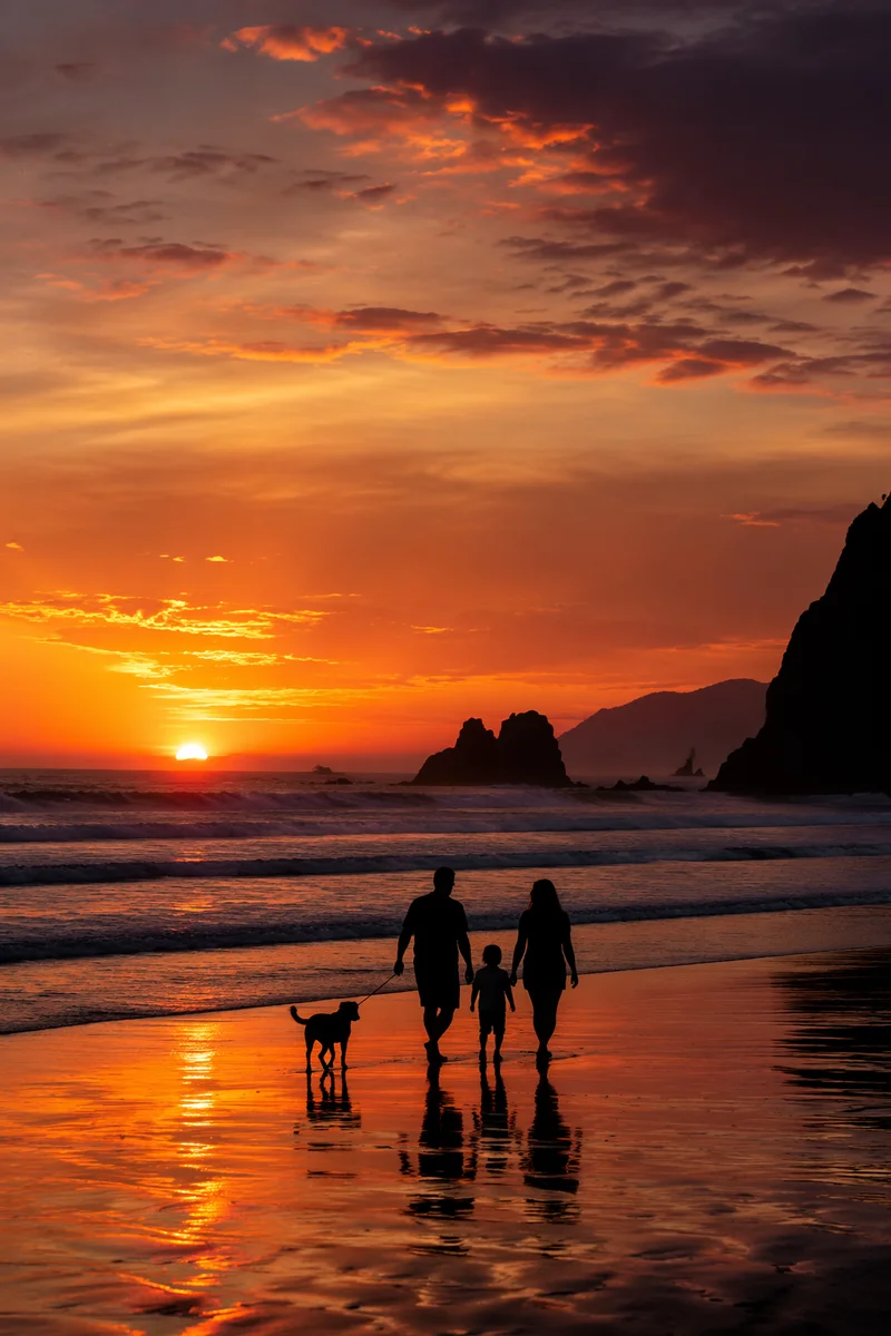 Family Walking Beach at Sunset Silhouette