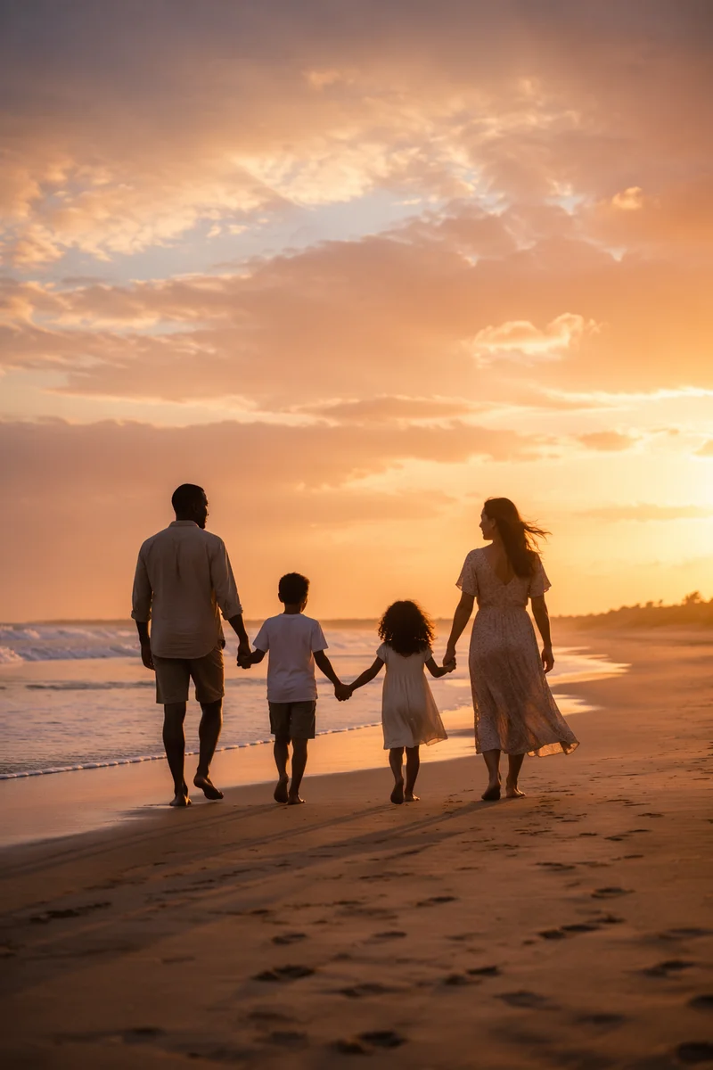 Family Silhouettes Walking on Beach at Sunset