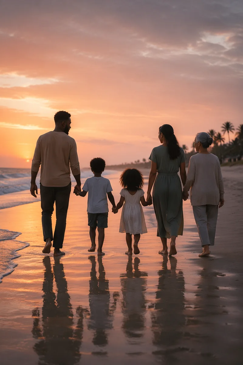 Multigenerational Family Walking on Beach at Sunset