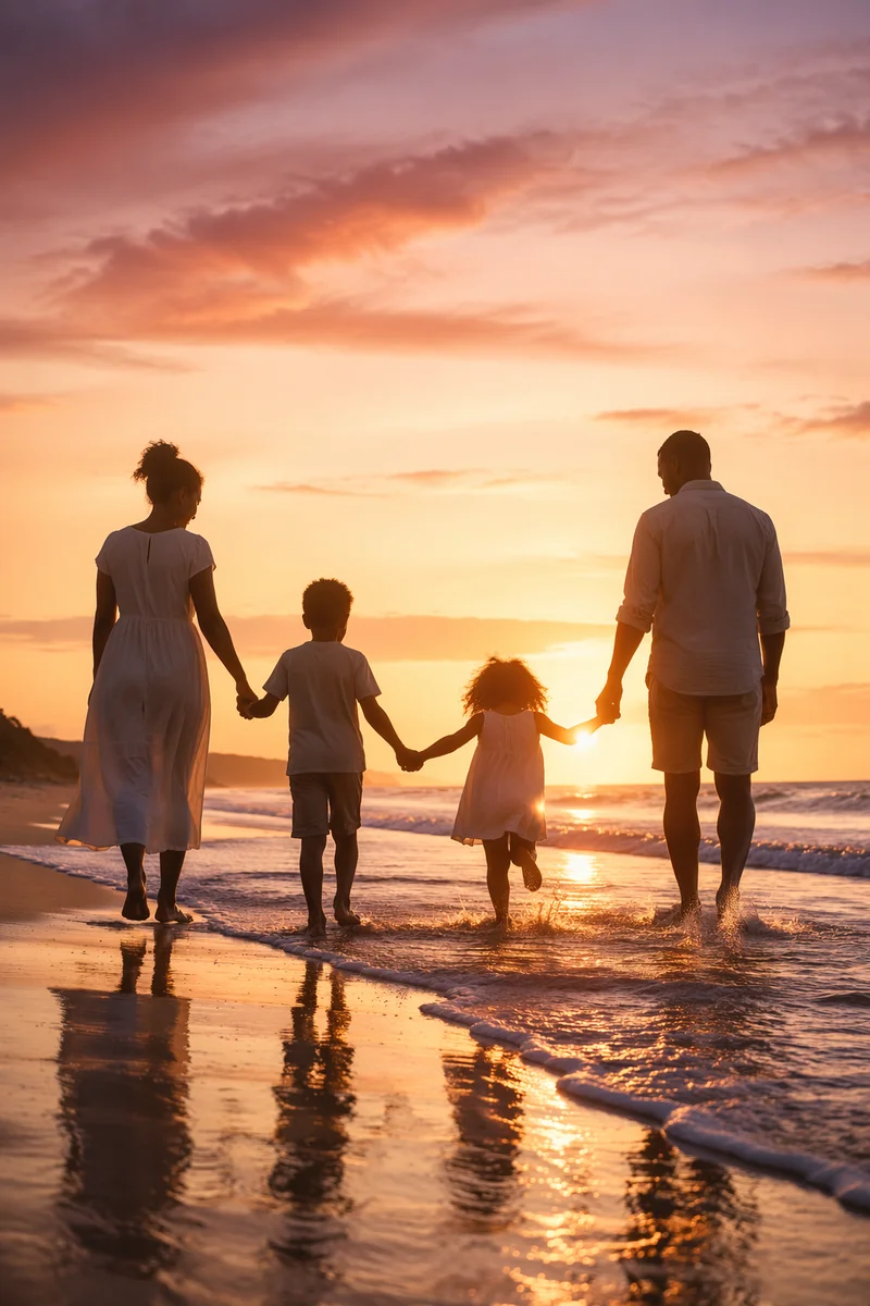 Family Silhouettes Walking on Beach at Sunset