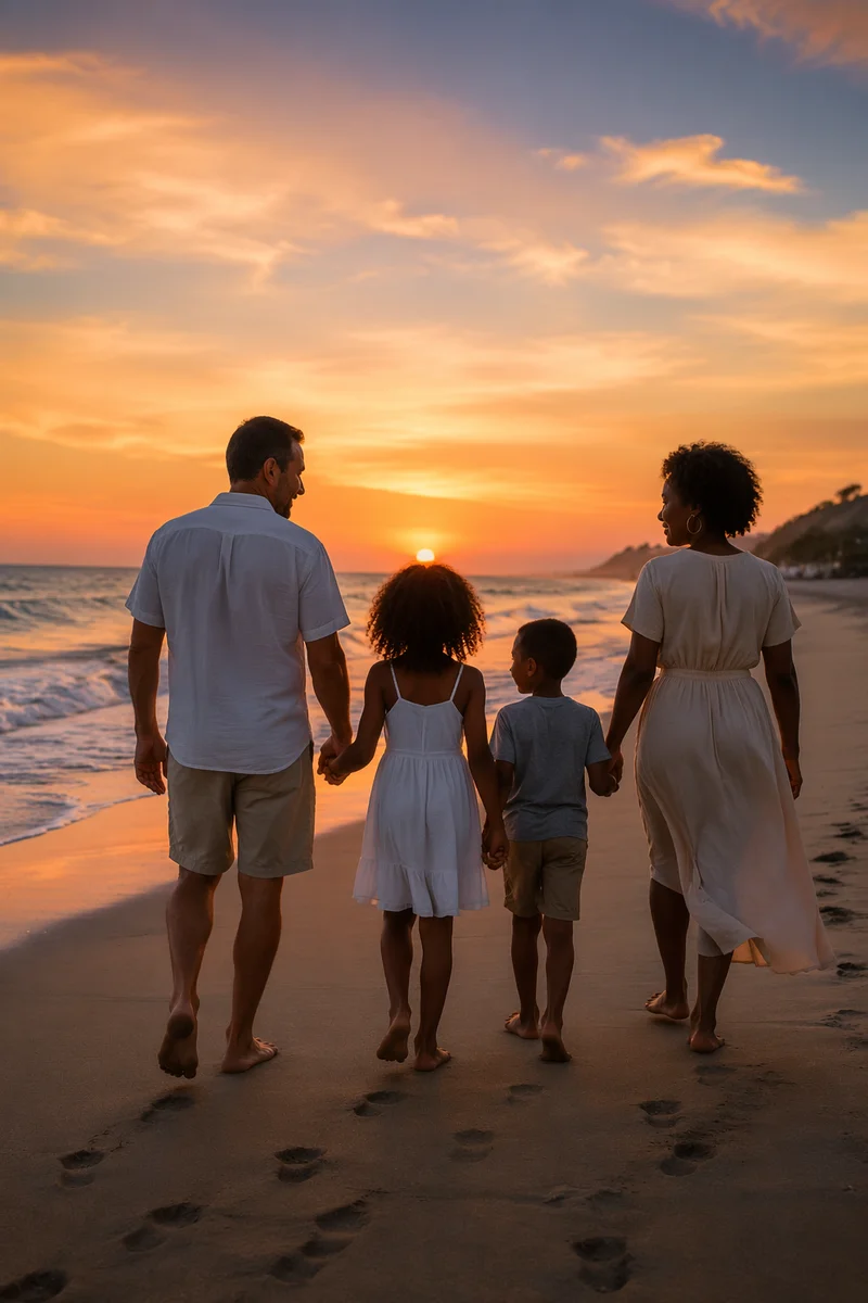 Family Walking on Beach at Sunset