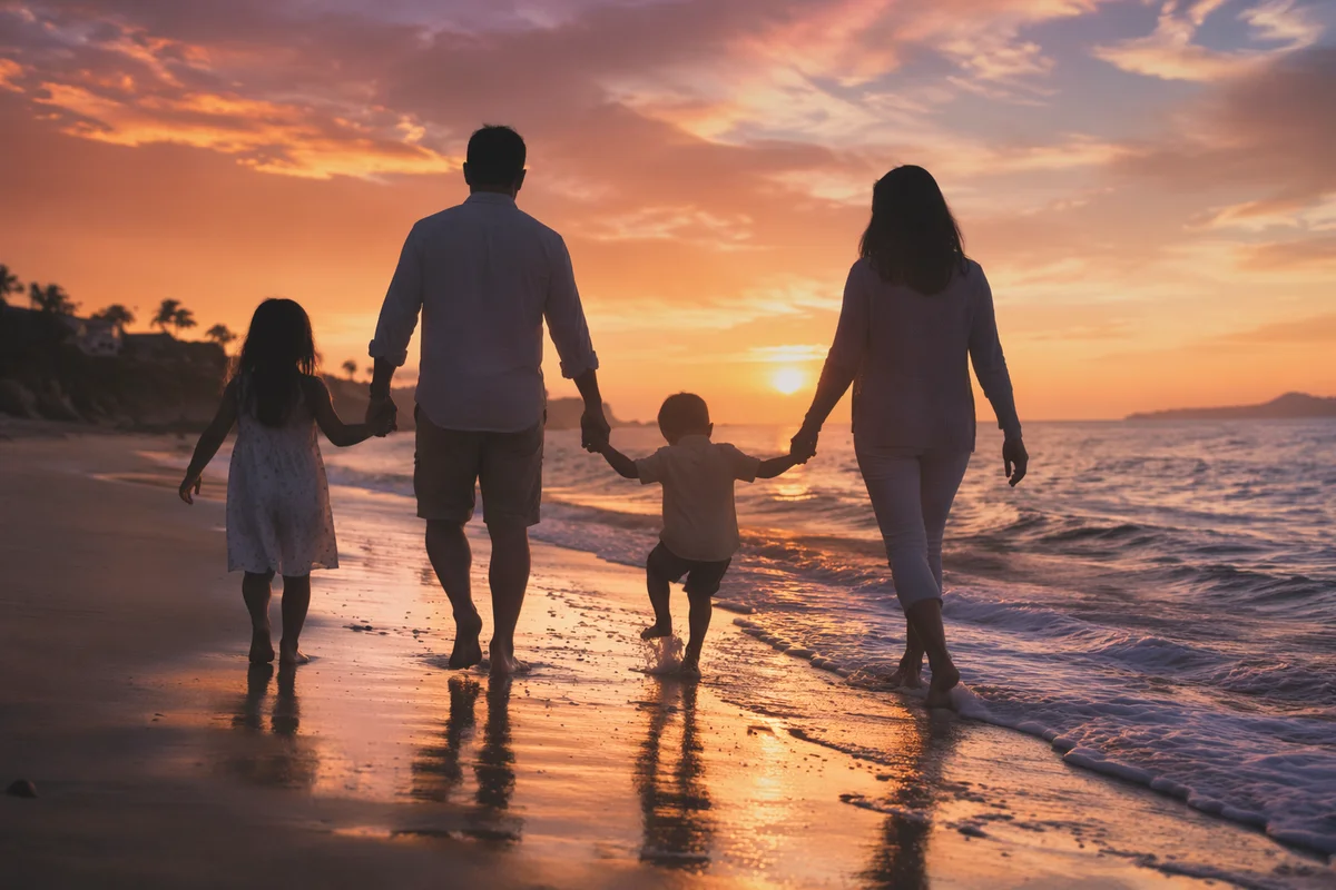 Family Silhouettes Walking on Beach at Sunset