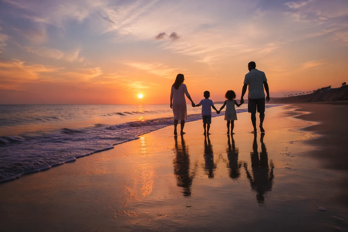 Family Silhouettes Walking on Beach at Sunset
