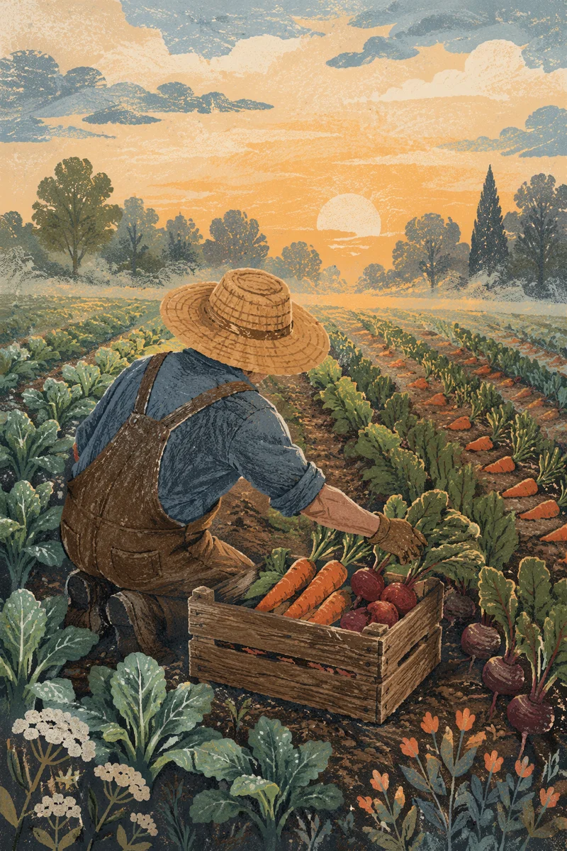 Farmer Harvesting Vegetables at Sunrise Field