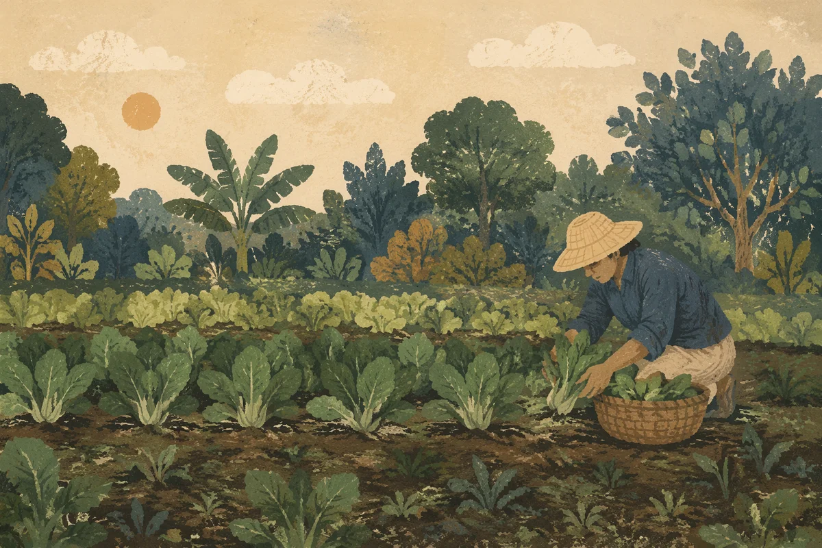 Farmer Harvesting Vegetables at Morning Field