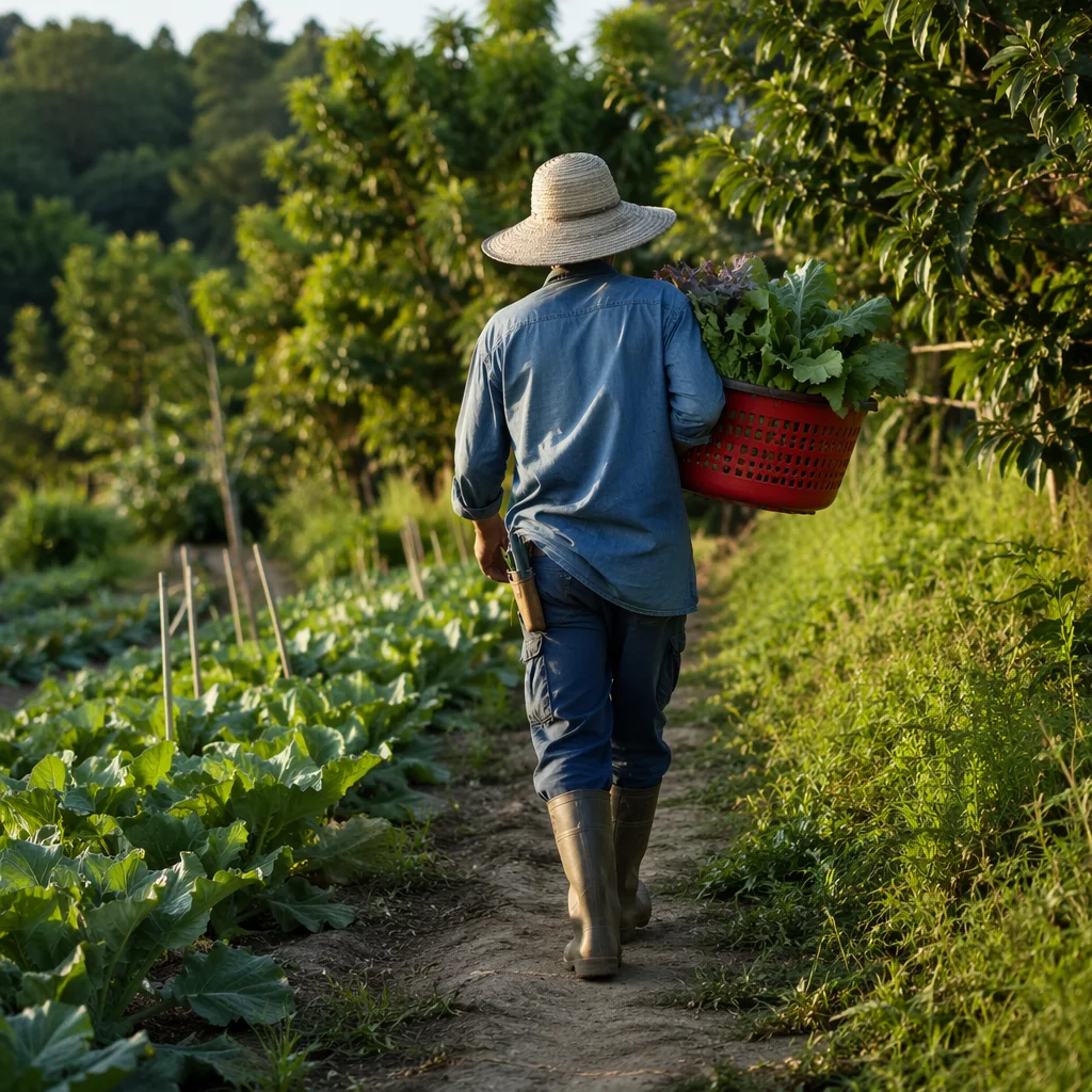 Farmer Harvesting Vegetables at Sunrise Field